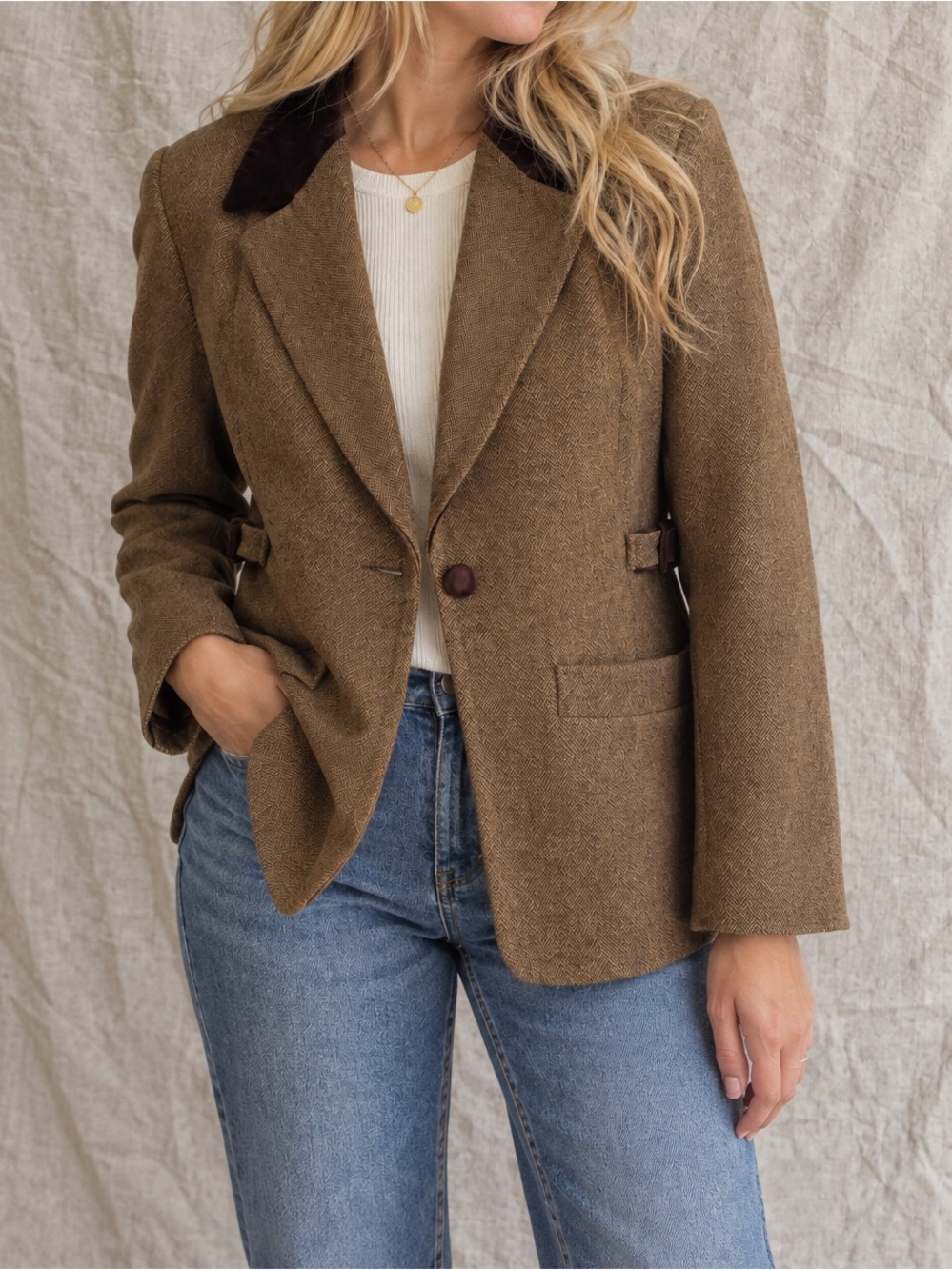 Vintage Jordan & Cole Wool Blend Tweed Blazer Velvet Collar M